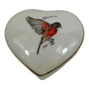 Vintage Robin Wisconsin Heart-Shaped Porcelain Souvenir Trinket/Jewelry Box